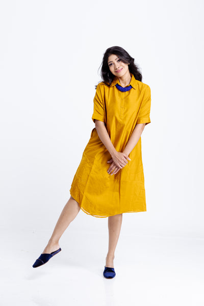 Amrita Freedom Shirt Dress -Mustard Yellow Chanderi Cotton-Silk