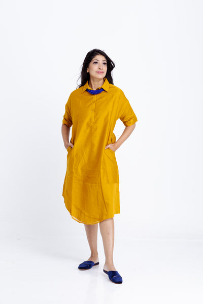 Amrita Freedom Shirt Dress -Mustard Yellow Chanderi Cotton-Silk