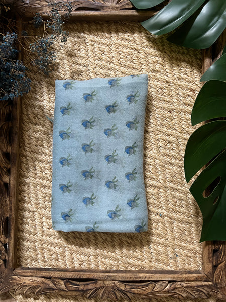 Tropical Journey Block Printed Flower Bud 100% Cashmere Twill Weave Long Scarf (Light Blue)