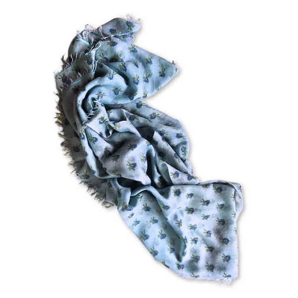 Tropical Journey Block Printed Flower Bud 100% Cashmere Twill Weave Long Scarf (Light Blue)