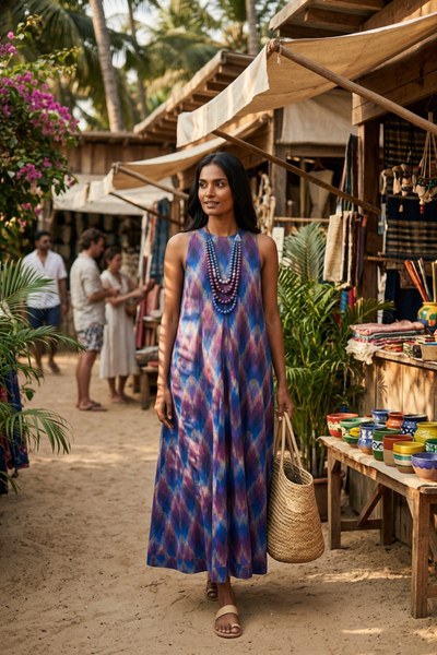 Pandora "Work and Days" Ikat Dress with Ombre Bead Necklace - Multicoloured Blue