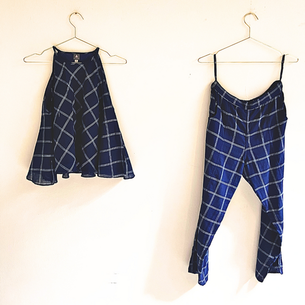 Indigo Blue and White Check Flared Top and Vagabond Pants Co-Ord Set