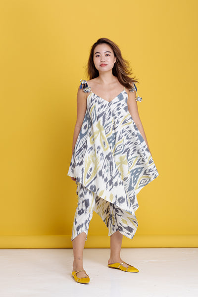Strappy Hi-Lo Handkerchief Top - Ikat Blue Grey and Yellow