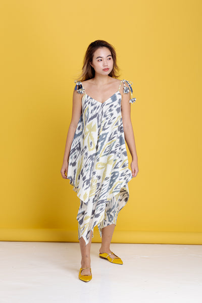 Strappy Hi-Lo Handkerchief Top - Ikat Blue Grey and Yellow