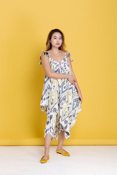 Strappy Hi-Lo Handkerchief Top - Ikat Blue Grey and Yellow