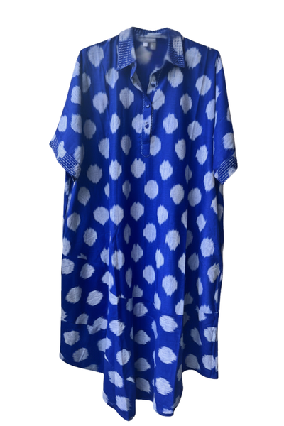Indigo Blue shirt dress with grey polka dots on a white background