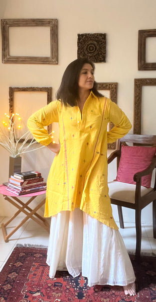Leela Flared Swing Dress -Sunshine Yellow Jamdani