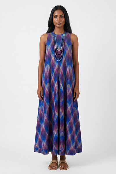 Pandora "Work and Days" Ikat Dress with Ombre Bead Necklace - Multicoloured Blue