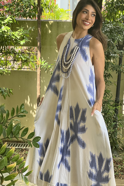 Pandora "Work and Days" Ikat Dress with Ombre Bead Necklace - Ecru and Blue