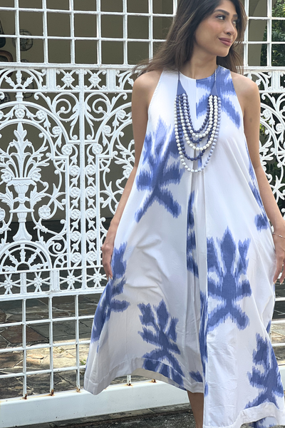 Pandora "Work and Days" Ikat Dress with Ombre Bead Necklace - Ecru and Blue