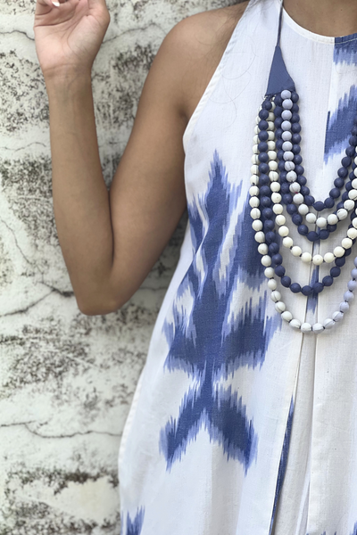 Pandora "Work and Days" Ikat Dress with Ombre Bead Necklace - Ecru and Blue