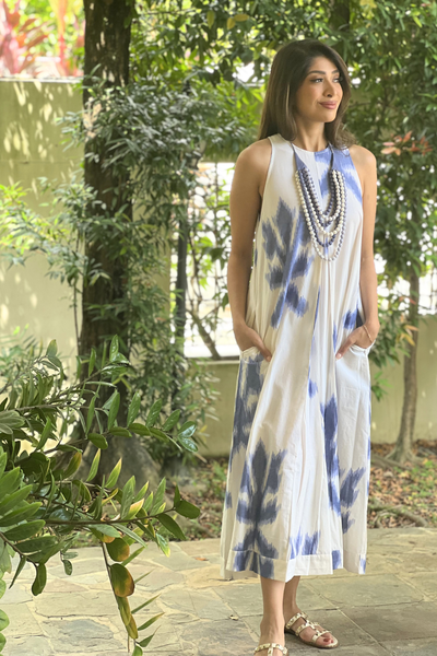 Pandora "Work and Days" Ikat Dress with Ombre Bead Necklace - Ecru and Blue