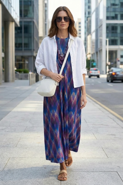 Pandora "Work and Days" Ikat Dress with Ombre Bead Necklace - Multicoloured Blue