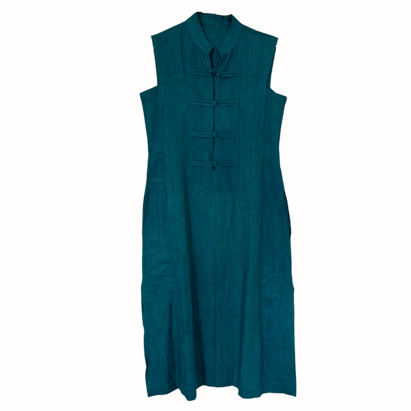Eileen Mandarin Collar Dress - Teal Green Linen