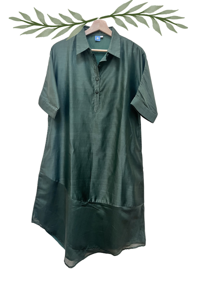 Amrita Freedom Shirt Dress -Sage Green Chanderi Cotton-Silk