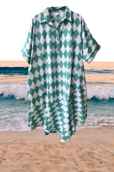 Amrita Freedom Shirt Dress -White and Green Diamond Ikat