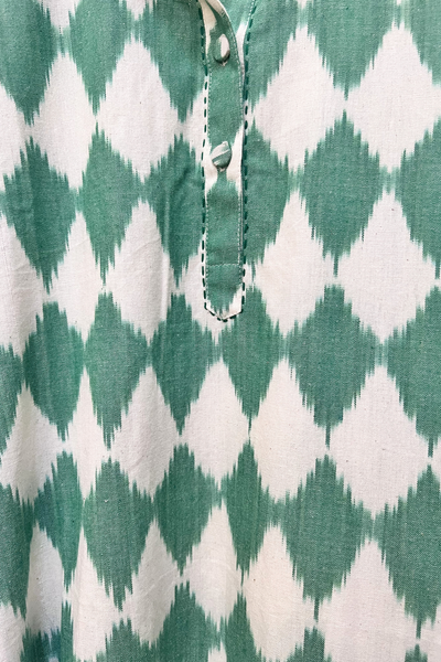 Amrita Freedom Shirt Dress -White and Green Diamond Ikat
