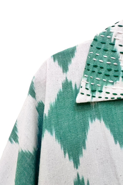 Amrita Freedom Shirt Dress -White and Green Diamond Ikat