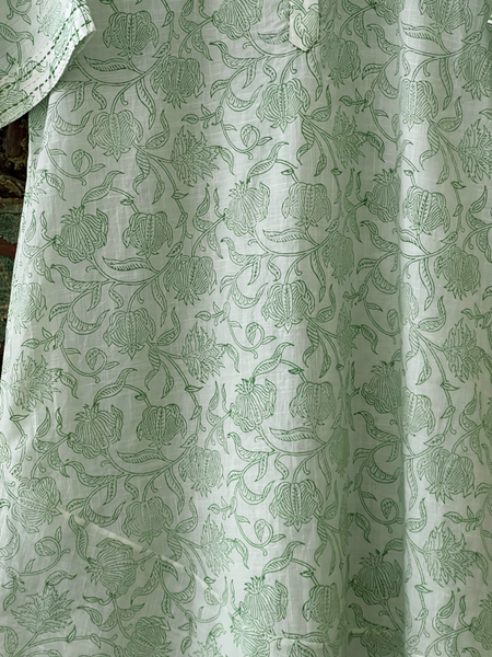 Amrita Freedom Shirt Dress -White and Green Floral Blockprinted