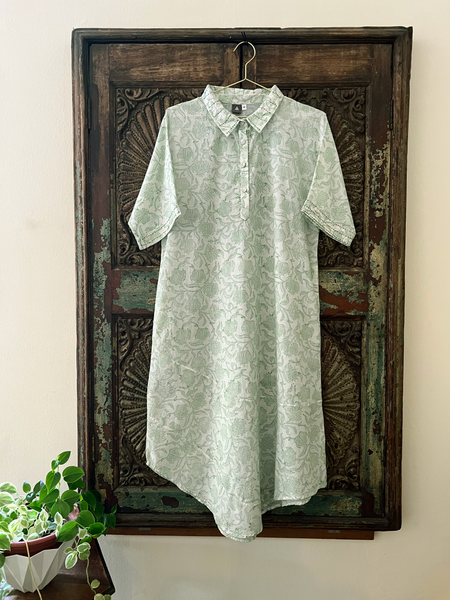 Amrita Freedom Shirt Dress -White and Green Floral Blockprinted