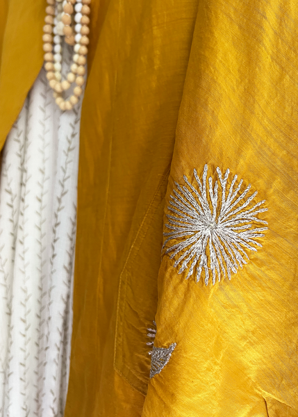 Embroidered Cape Jacket-Mustard Yellow Chanderi Cotton-Silk
