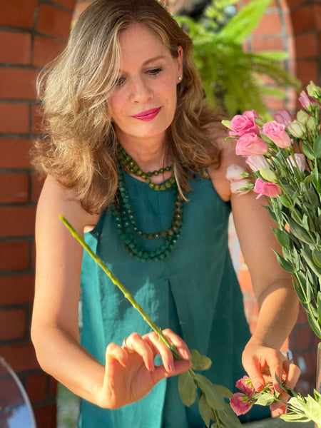 Pandora "Work and Days" Linen Dress with Ombre Bead Necklace - Teal