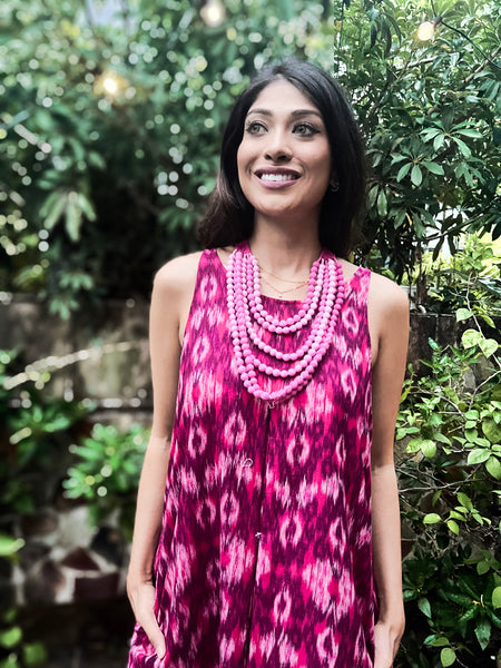 Pandora "Work and Days" Ikat Dress with Ombre Bead Necklace - Shades of Hot Pink
