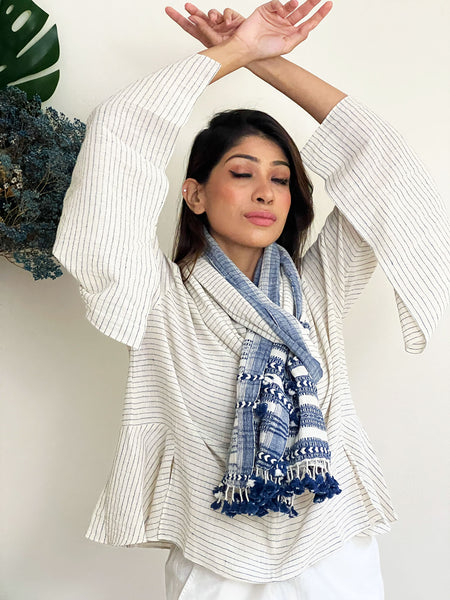 Kala Cotton Wild Sleeves Flared Top and Bhujodi Scarf - Blue and White