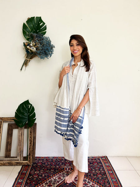 Kala Cotton Wild Sleeves Flared Top and Bhujodi Scarf - Blue and White