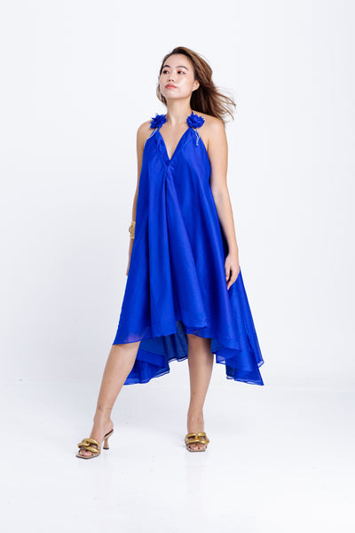 Twyla Backless Strappy Dress with Bralette Top - Royal Blue Chanderi