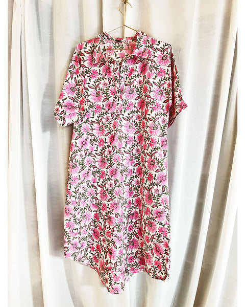 Amrita Freedom Shirt Dress -Pink Floral Blockprinted