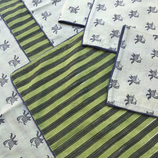Mix and Match Collection-Green, Grey and White,  RoseBud and Stripe Placemats with Napkins (Set of 4)