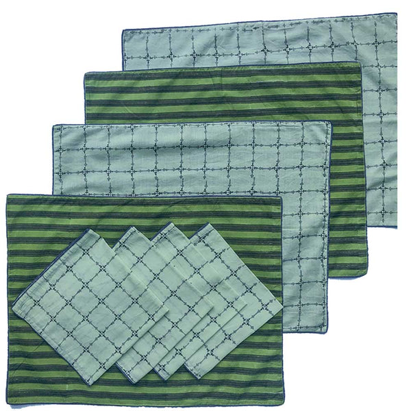 Mix and Match Collection-Green, Black and Grey,  Diya and Stripe Placemats with Napkins (Set of 4)