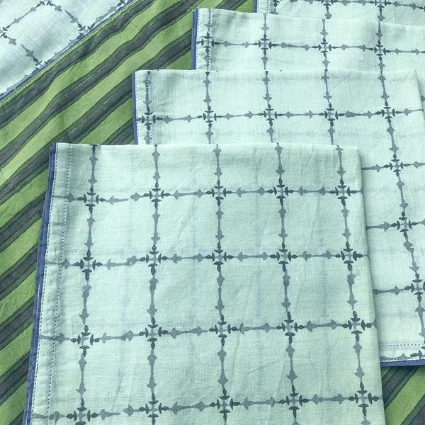 Mix and Match Collection-Green, Black and Grey,  Diya and Stripe Placemats with Napkins (Set of 4)