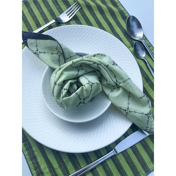 Mix and Match Collection-Green, Black and Grey,  Diya and Stripe Placemats with Napkins (Set of 4)