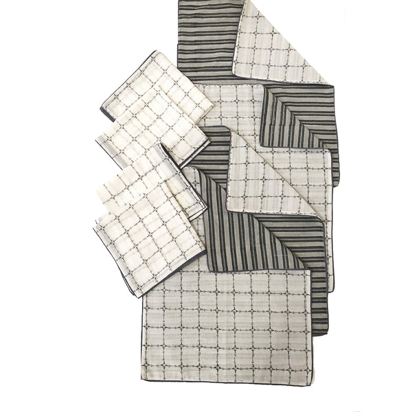 Mix and Match Collection-Black, Grey and White,  Diya and Stripe Placemats with Napkins (Set of 4)