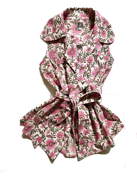 Floral Blockprinted "George Sand" Jacket - White & Pink
