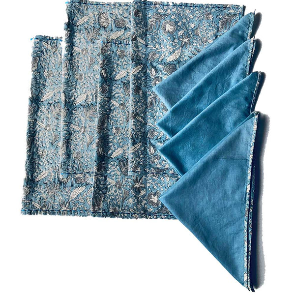 Mix and Match Collection - Blue , Black, Grey and White, Floralscape Embroidered Placemats with Napkins (Set of 4)