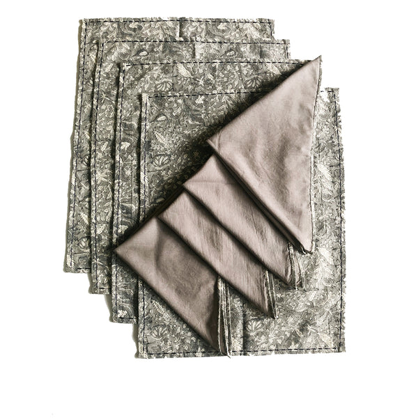 Mix and Match Collection - Black, Grey and White, Floralscape Embroidered Placemats with Napkins (Set of 4)