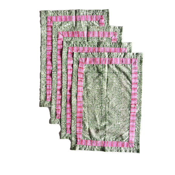 Green Blockprinted Placemats with Pink Stripe Border  (Set of 4)