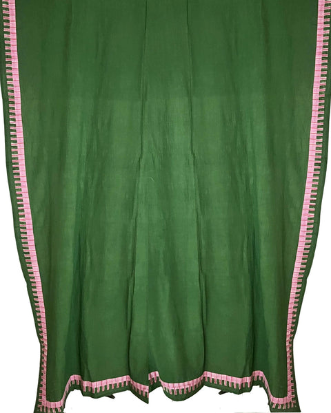 Green Table Cloth with Blockprinted Pink and Green Stripe Border