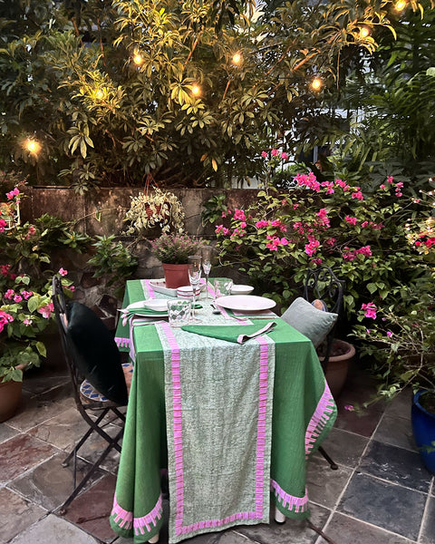 Green Table Cloth with Blockprinted Pink and Green Stripe Border