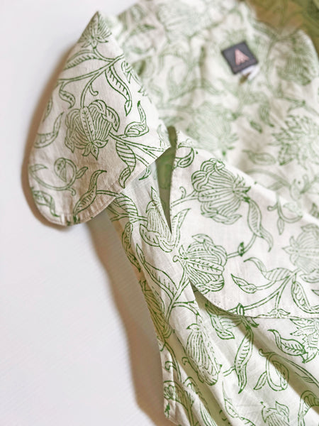 Floral Blockprinted "George Sand" Tie-Up Shirt Jacket - White & Green