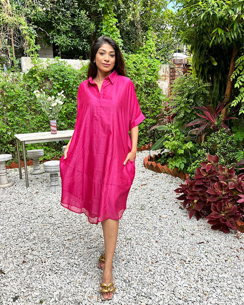 Amrita Freedom Shirt Dress -Hot Pink Chanderi Cotton-Silk