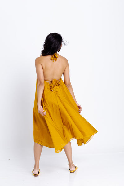 Twyla Backless Strappy Dress with Bralette Top - Mustard Yellow Chanderi