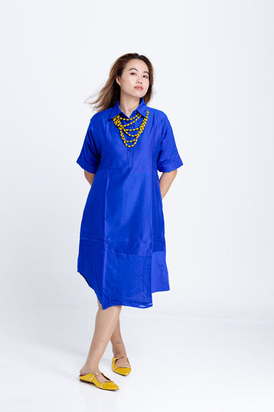 Amrita Freedom Shirt Dress -Royal Blue Chanderi Cotton-Silk