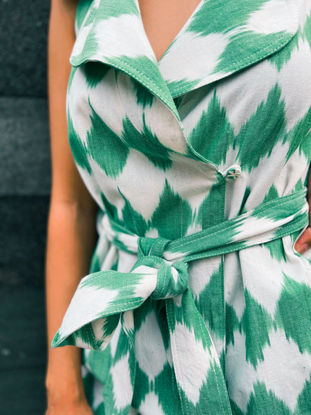 Diamond Ikat "George Sand" Tie-Up Shirt Jacket -Green and White