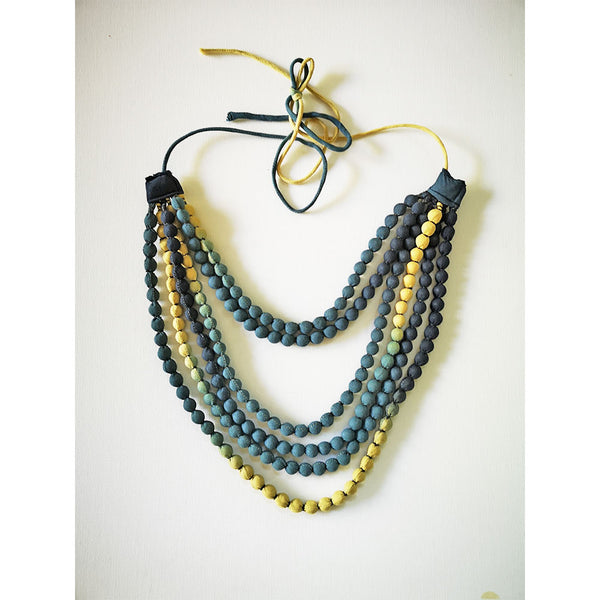Pandora "Work and Days" Ikat Dress with Ombre Bead Necklace - Grey Blue and Yellow