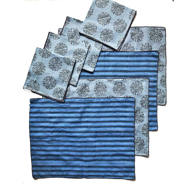 Mix and Match Collection-Blue, Black and Grey,  Ixora and Stripe Placemats with Napkins (Set of 4)