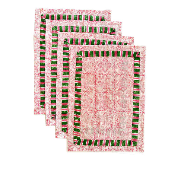Pink Blockprinted Placemats with Green and Pink Stripe Border  (Set of 4)